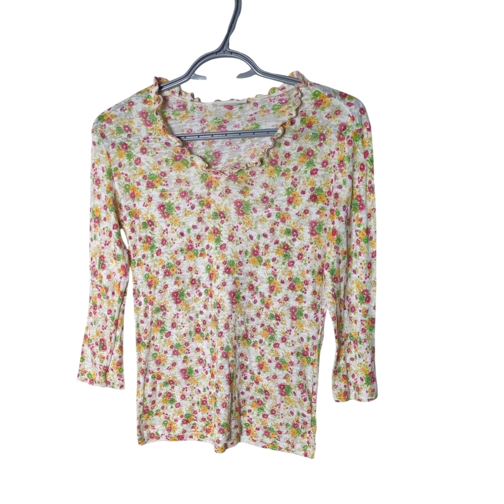 Feather Ribbed Burnout Floral Print Women's Top Ruffle V Neckline Size 1‎ (US S)